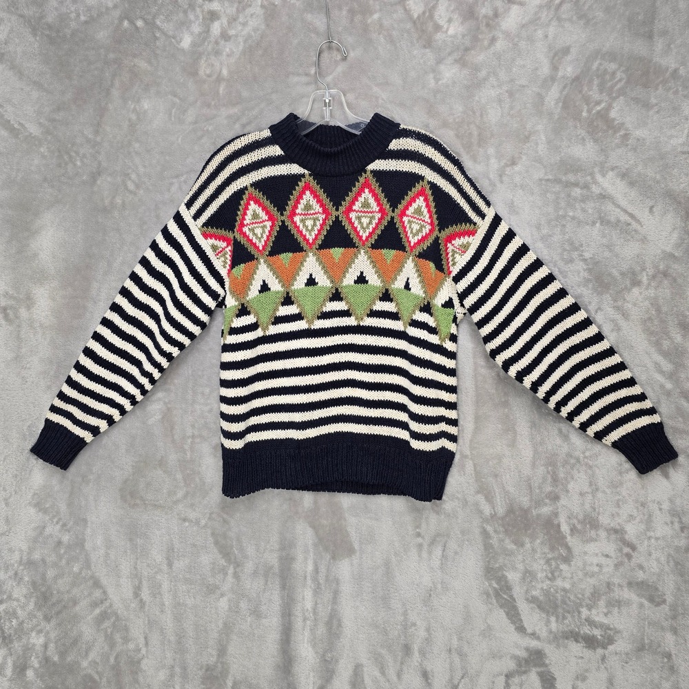 Jeanne Pierre Sweater Womens M Navy White Striped Geometric Knit Nautical Preppy